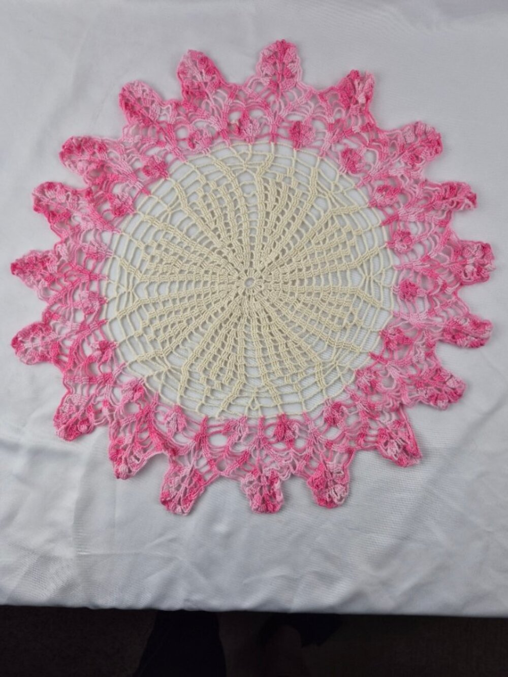 Vintage Round Crochet Doily Cream Lacey Center Ruffled Variegated Pink Border